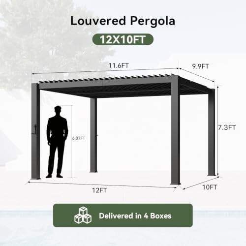 Aoxun Louvered Pergola 10x12, 3.8" Thick Posts, 82.5 MPH Wind Resistance