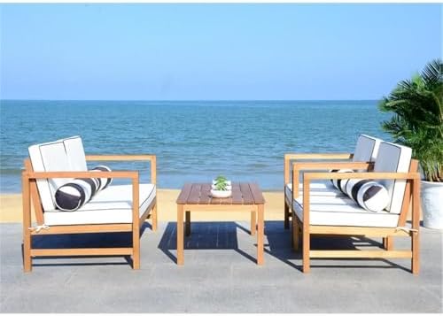 SAFAVIEH Outdoor Collection Montez Natural/ White Cushions/ Striped Bolster P...