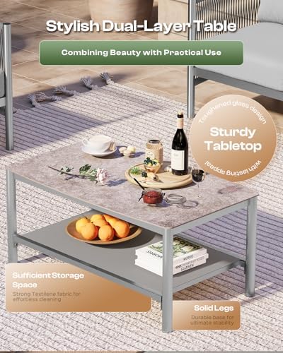 Aluminum Outdoor Patio Furniture Set with Dual-Layer Coffee Table, 4 Piece Mo...