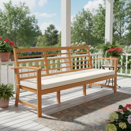 Tangkula 64 Inch Patio Acacia Wood Bench, 3-Seat Extra Long Chair with Cushio...
