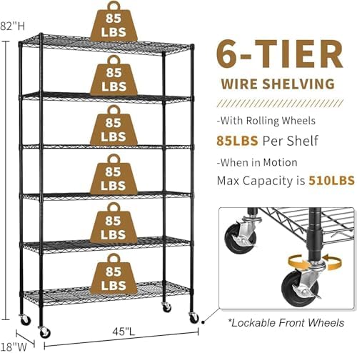 Wire Shelving Unit with Wheels, 6 Tier Adjustable Storage Shelves