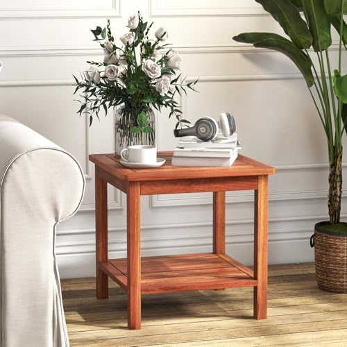 HAPPYGRILL Adirondack Outdoor Side Table Patio 2-Tier Square End Table, Acaci...