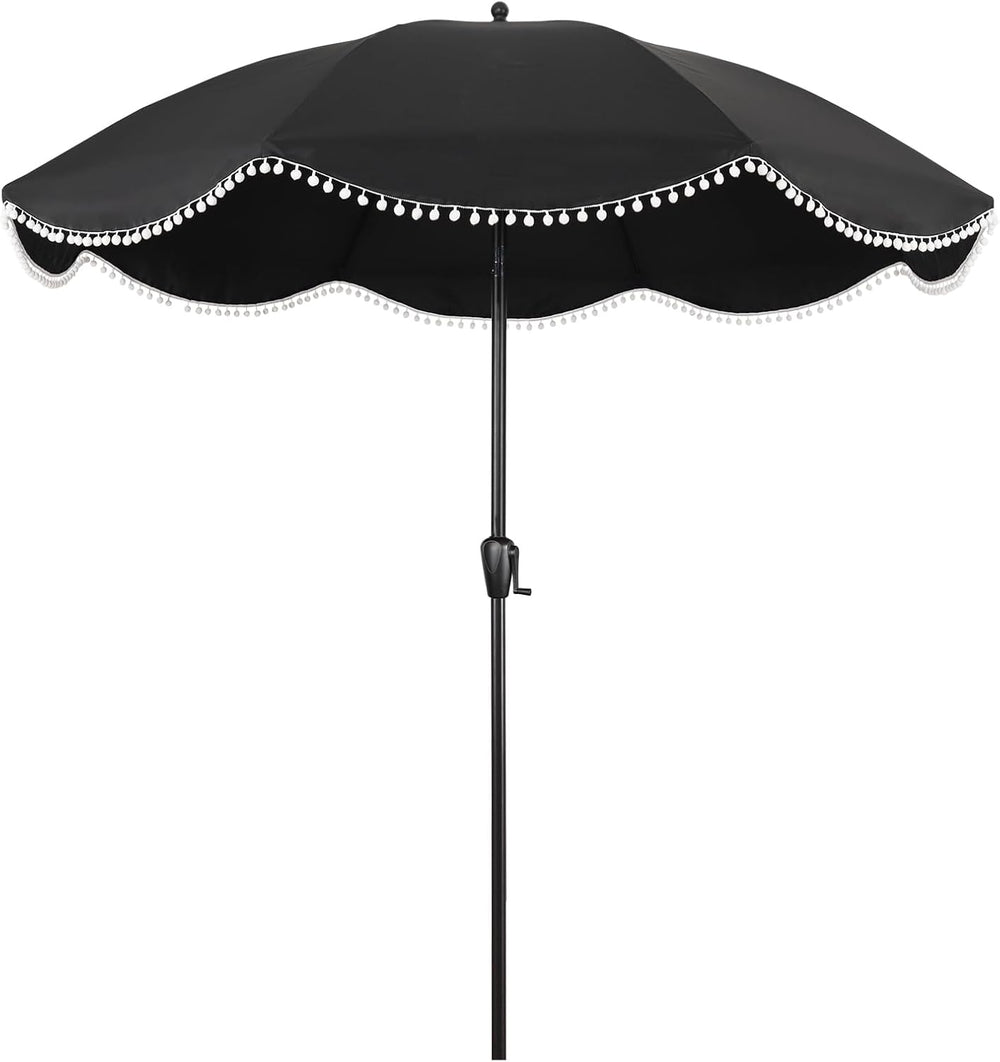 9' Patio Umbrella with Black Canopy and White Fringe Accents, Black Frame...