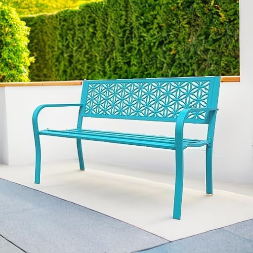 VINGLI 50" Outdoor Bench Metal with Floral Back, Garden Bench Front Porc...