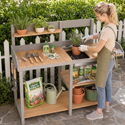 Wooden Potting Bench Table with Sink,Outdoor Garden Table Work Bench with She...