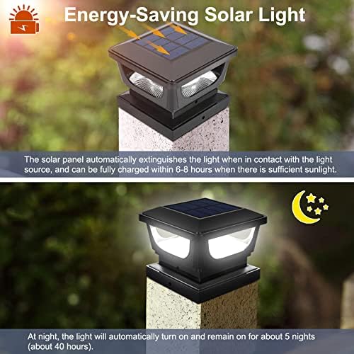 Solar Post Cap Lights for 3x3 Metal & 4x4 Vinyl/Wood Fence Posts, 6 Pack