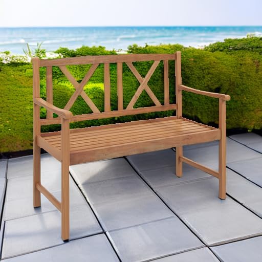Tangkula Patio Acacia Wood Bench, 2-Person Outdoor Loveseat Chair, Cozy Armre...