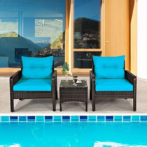 HAPPYGRILL 3 Pieces Patio Furniture Set, Outdoor Rattan Wicker Conversation S...