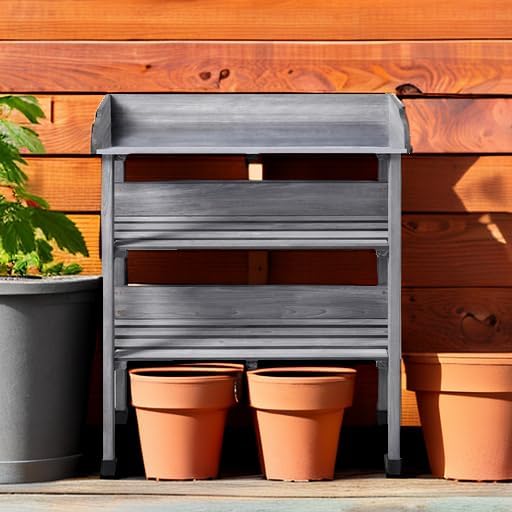 Yaheetech Potting Bench Outdoor Console Table w/3-Tier Storage,Gray