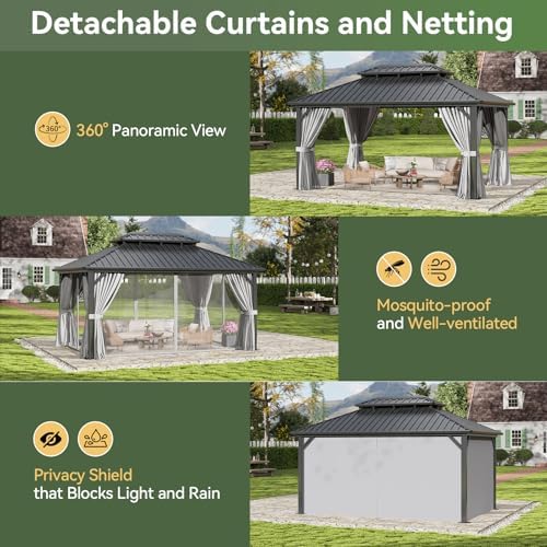 Aoxun 12X16Ft Hardtop Gazebo Metal Gazebo with Galvanized Steel Double Roof