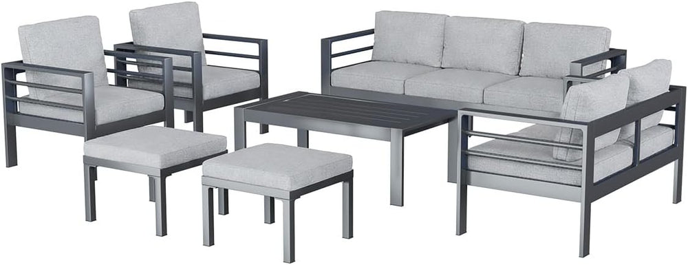 AECOJOY 7 Pieces Aluminum Outdoor Patio Furniture Set, 9 Seats, Light Gray
