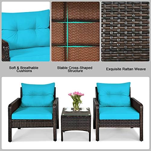 HAPPYGRILL 3 Pieces Patio Furniture Set, Outdoor Rattan Wicker Conversation S...