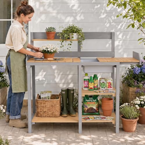 Wooden Potting Bench Table with Sink,Outdoor Garden Table Work Bench with She...