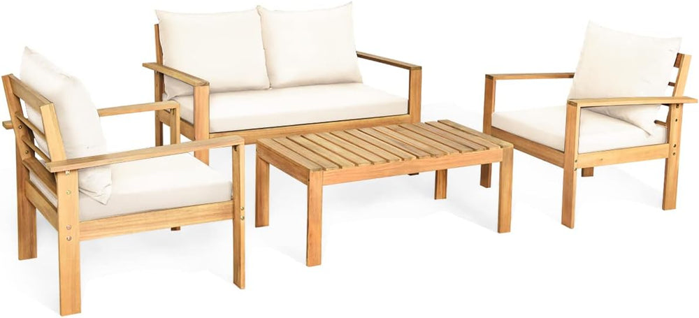 Tangkula Outdoor 4-Piece Acacia Wood Chat Set, 4 Seater Acacia Wood Conversat...