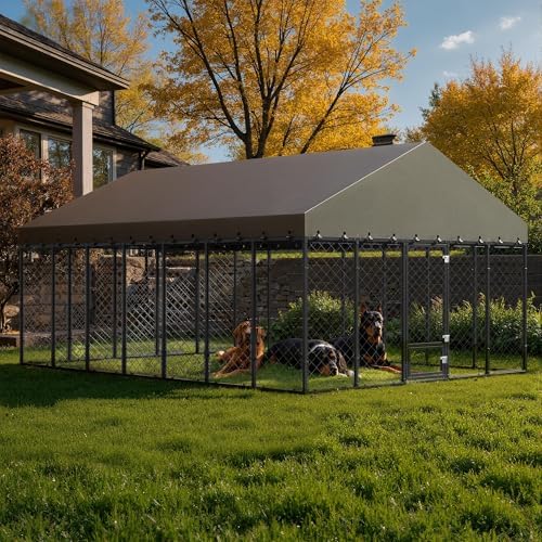 10x14FT Outdoor Dog Kennel with Roof and Feeding Door