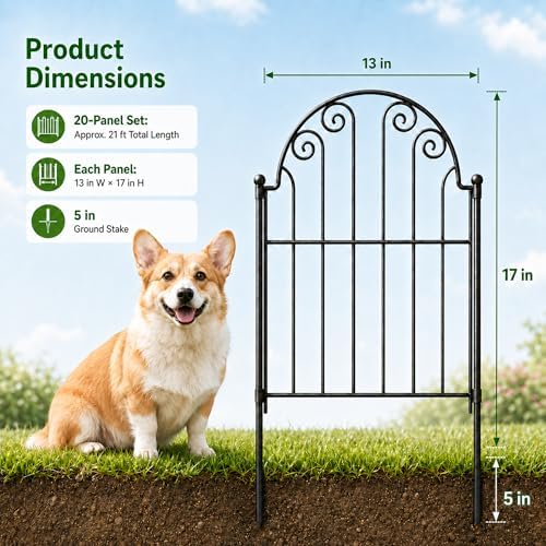 Garden Fence 20 Panels, 17 in H Above Ground, No Dig Metal Fence