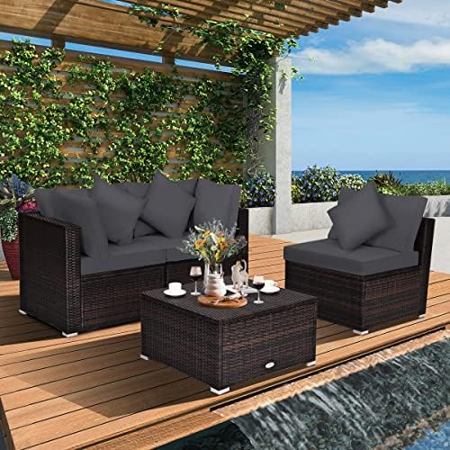 Tangkula 4 Pieces Patio Rattan Sofa Set, Outdoor Wicker Sectional Furniture S...