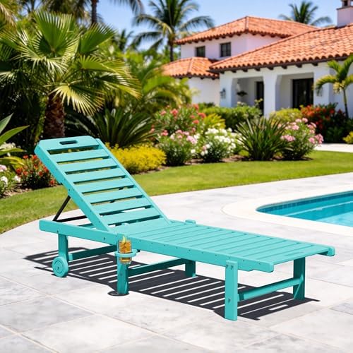 SERWALL HDPE Outdoor Chaise Lounge with Cup Holder & Wheels, Aruba