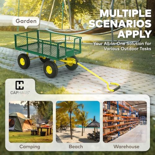 CAPHAUS Metal Green Garden Cart, w/ 180° Adjustable Yellow Handle, w/Mat and ...
