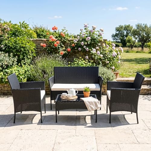 FDW 4-Piece Patio Furniture Set | Black | Outdoor Wicker Furniture