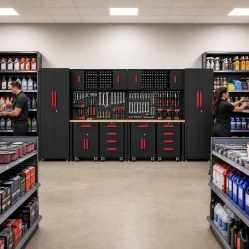 12-PC Heavy Duty Steel Garage Storage Cabinet System & Bench,Red
