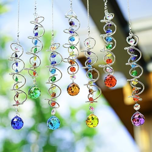 7 Pcs Crystal Gazing Ball Spiral Wind Spinner Suncatcher Garden Decor