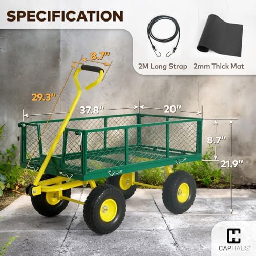CAPHAUS Metal Green Garden Cart, w/ 180° Adjustable Yellow Handle, w/Mat and ...