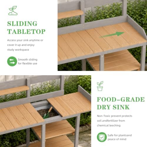 Wooden Potting Bench Table with Sink,Outdoor Garden Table Work Bench with She...
