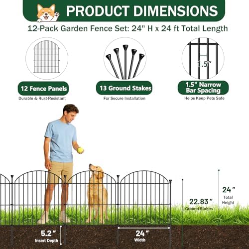 No Dig Garden Fence Panels, Dog Fence Outdoor for Yard, 12 Pack