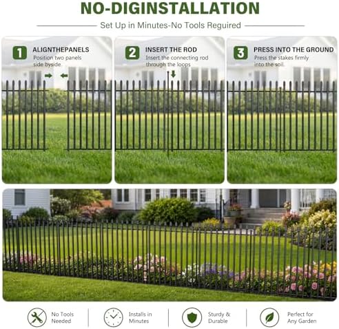 No Dig Decorative Garden Fence, 32in(H)×22ft(L), 10 Panels with Gate