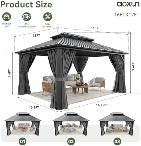 Aoxun 12X16Ft Hardtop Gazebo Metal Gazebo with Galvanized Steel Double Roof