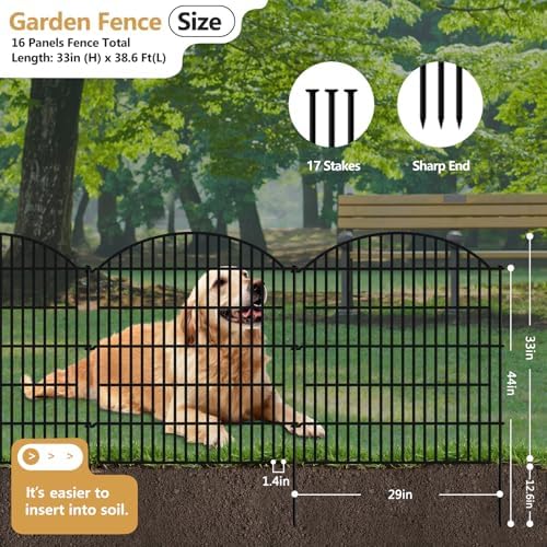 16 Panels Decorative Garden Metal Fence, 33in (H) x 38.67ft (L) No Dig Dog Fe...
