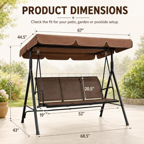 Yaheetech 3-Seat Patio Swing Chair w/Texteline Fabric Ez Setup, Dark Brown