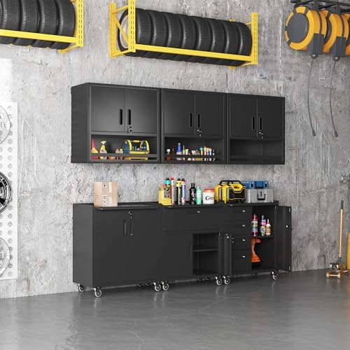 Black Garage Storage Cabinets System 6 PCS Workshop Set with Drawers Locking ...