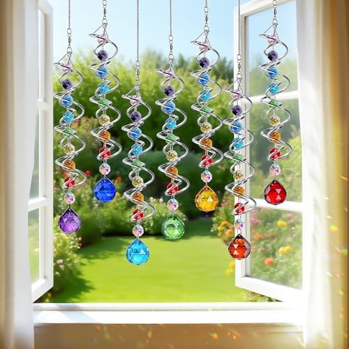 7 Pcs Crystal Gazing Ball Spiral Wind Spinner Suncatcher Garden Decor