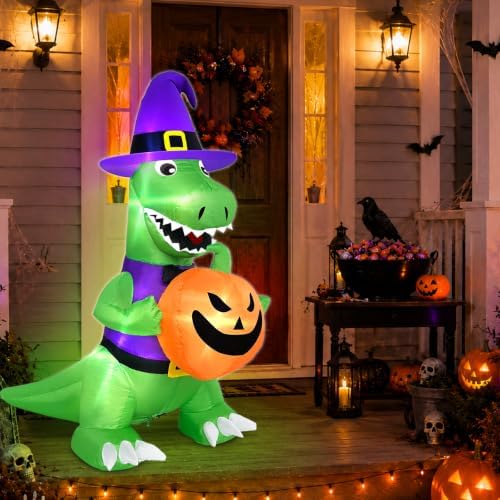 4 Ft Halloween Inflatables Witch Dinosaur Holding Pumpkin Built-in LEDs