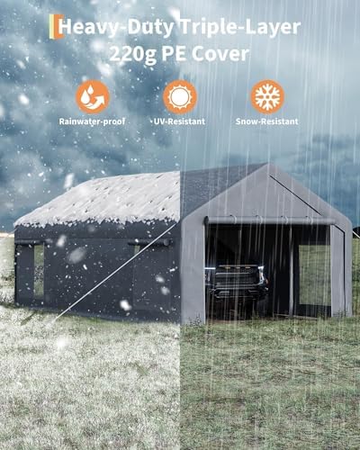 13x25 Ft Carport with 10 Sandbags, Car Port with 220g PE Tarp, 2 Roll-Up Door...