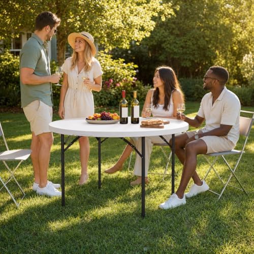 JupiterForce 4 FT Round Folding Table, 48" Indoor Outdoor Portable Plast...
