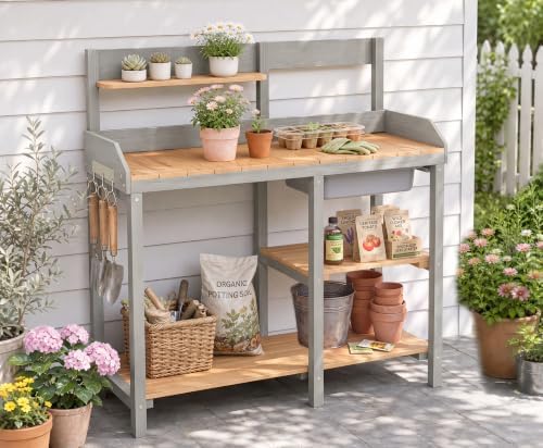 Wooden Potting Bench Table with Sink,Outdoor Garden Table Work Bench with She...