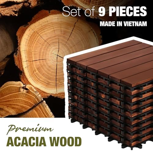 Acacia Wood Interlocking Deck Tiles, Patio & Backyard Tile, 12 in, 9 PCS