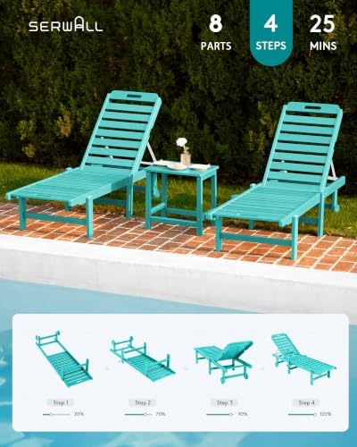 SERWALL HDPE Outdoor Chaise Lounge with Cup Holder & Wheels, Aruba