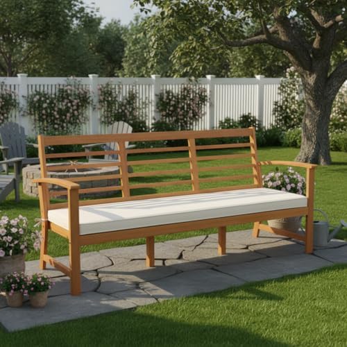 Tangkula 64 Inch Patio Acacia Wood Bench, 3-Seat Extra Long Chair with Cushio...