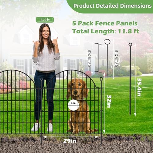 5 Panels No Dig Decorative Garden Fence with Gate, 32in(H) x11.8ft(L)