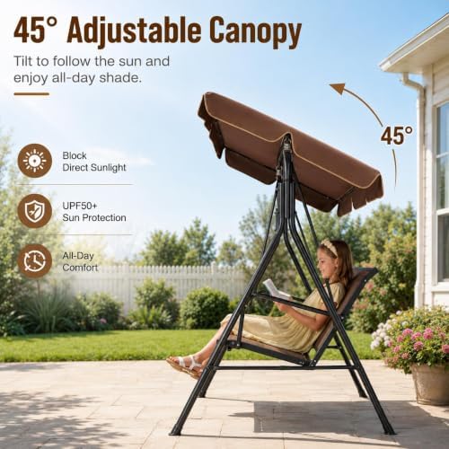 Yaheetech 3-Seat Patio Swing Chair w/Texteline Fabric Ez Setup, Dark Brown