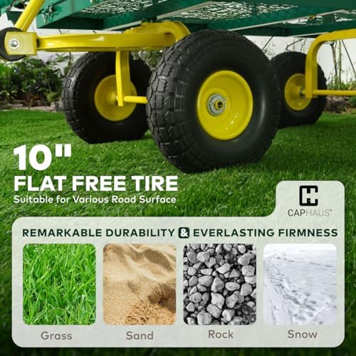 CAPHAUS Metal Green Garden Cart, w/ 180° Adjustable Yellow Handle, w/Mat and ...