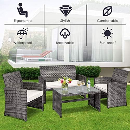 Tangkula 4 Pieces Wicker Patio Conversation Set, Outdoor Furniture