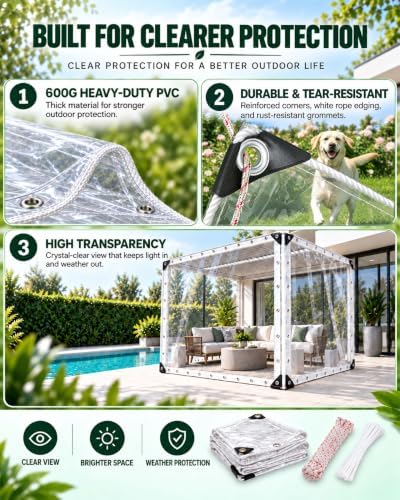 FoundGo Heavy Duty Clear Vinyl Tarp 8x16 ft, PVC Outdoor Curtain, 23 Mil