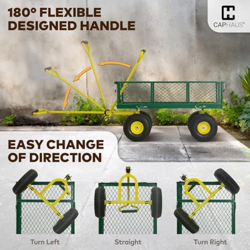 CAPHAUS Metal Green Garden Cart, w/ 180° Adjustable Yellow Handle, w/Mat and ...