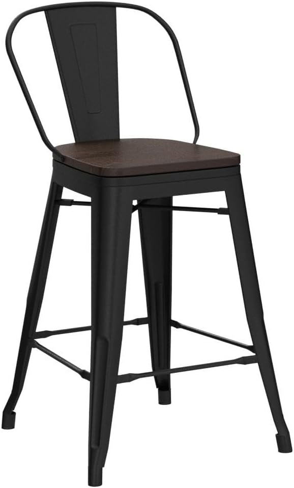 26" Metal Bar Stools Set of 4, Counter Height with Backs, Black