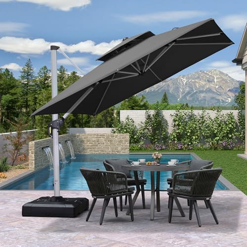 PURPLE LEAF Cantilever Outdoor Umbrella 9' x 9' Square Double Top, Grey